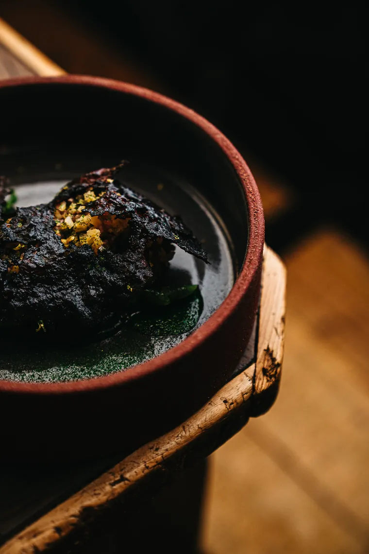 Plat signature dressé dans une coupelle sombre
